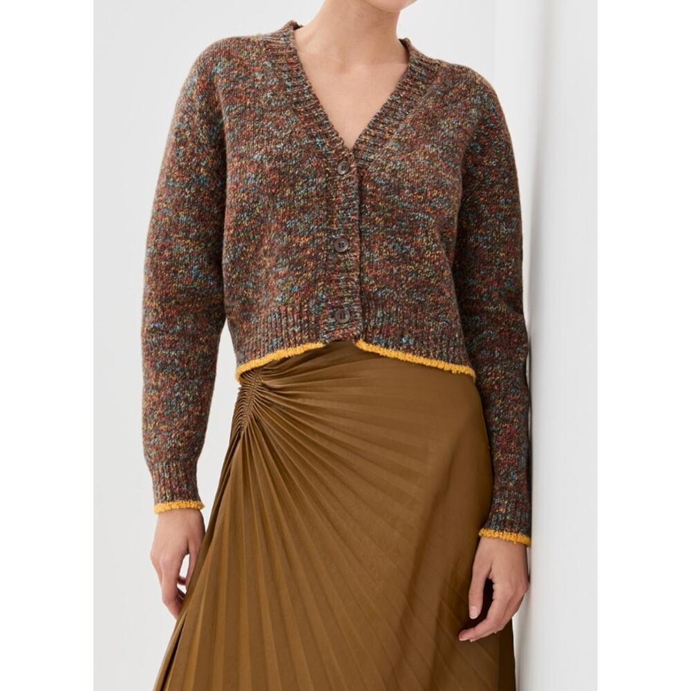 The Elder Statesman S brown confetti yellow trim cardigan sweater